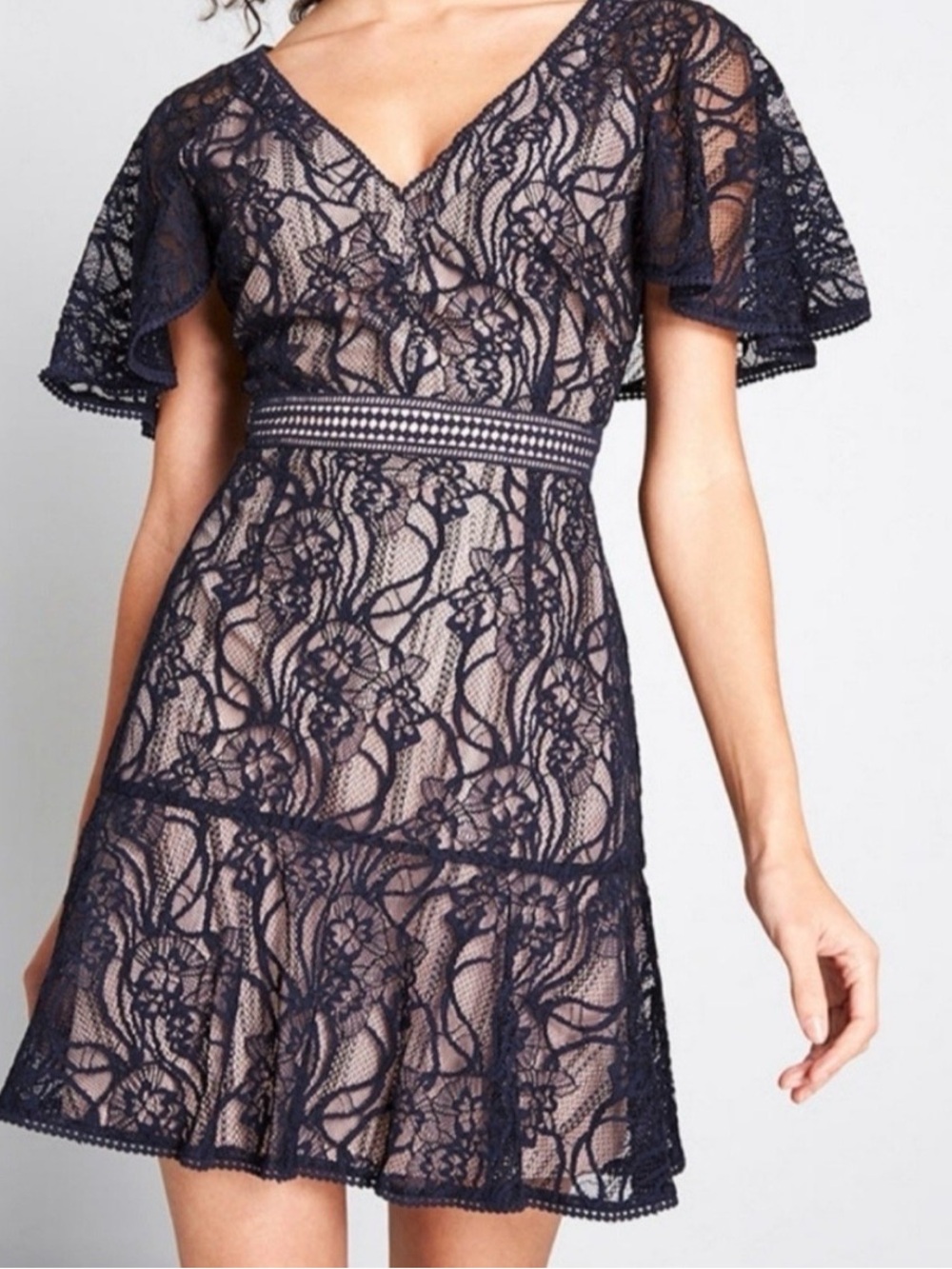 BB Dakota Lacy Days and Nights Mini Navy Blue Lace Flutter Sleeves Floral Dress